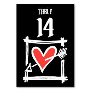 Custom Wedding Love Heart Black & Red Table Number