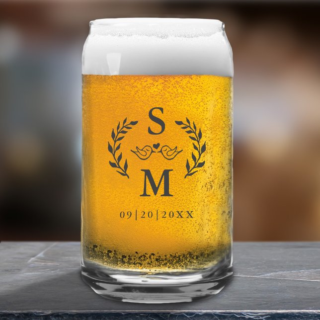 Custom Wedding Modern Monogram Wreath Crest  Grey  Can Glass (Custom Wedding Modern Monogram Wreath Crest Gray Can Glass)