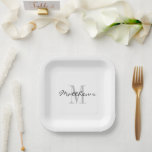 Custom wedding monogram square paper plates<br><div class="desc">Custom wedding monogram square paper plates. Elegant script typography template for personalised name. Stylish party supplies for marriage,  engagement,  anniversary,  Birthday and more. Great for serving homemade food,  cake,  desserts,  sweets,  treats and more. Available in small and large sizes. Classy black and white design.</div>