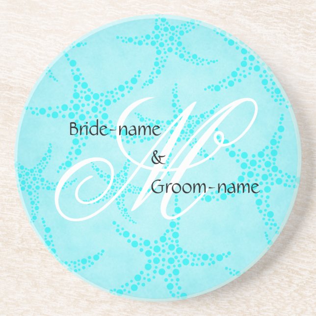 Custom Wedding Monogram Turquoise Starfish Coaster (Front)