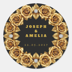 Custom Wedding Names Gold Monogram Black  Classic Round Sticker