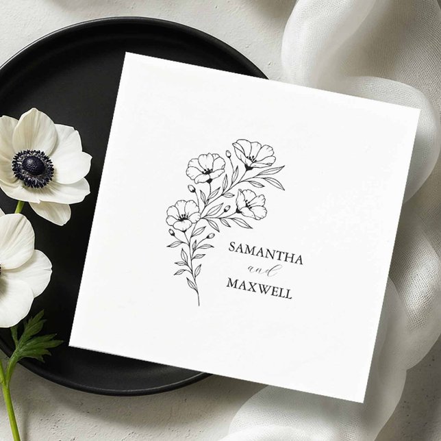 Custom Wedding Napkins Black and White Floral (custom wedding napkins black and white anemone flowers line art by Victoria of Do Tell A Belle)