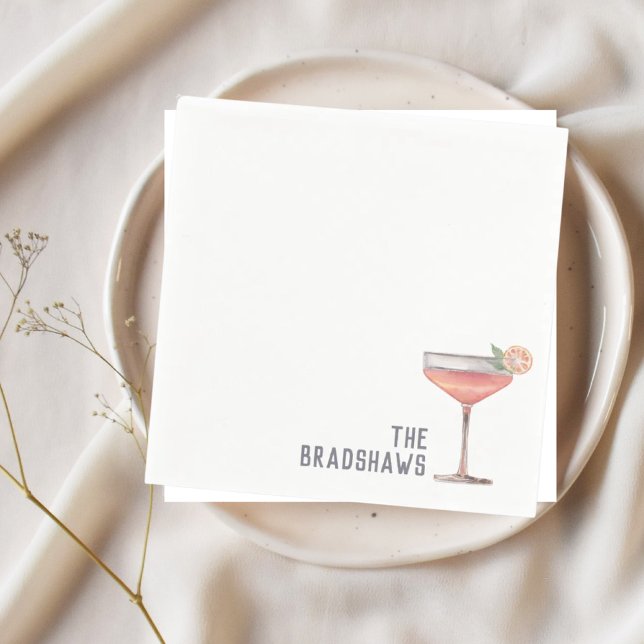 Custom Wedding Napkins Pink Cocktail Hour (Custom last name cocktail napkins with pink drink)