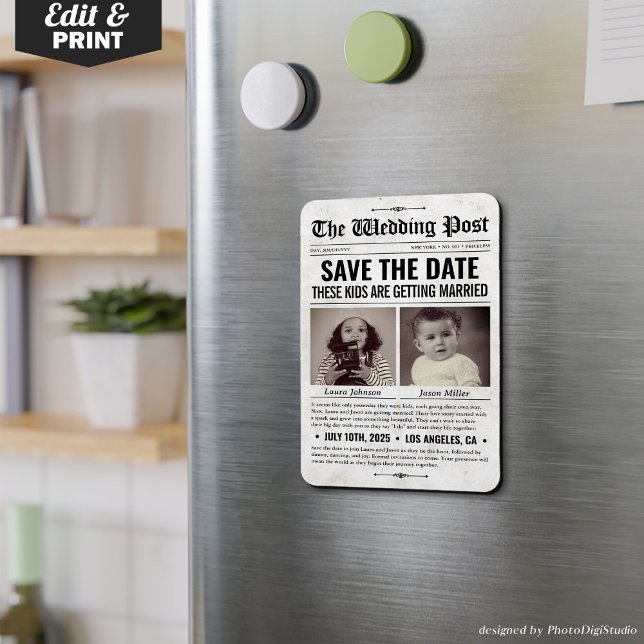 Custom Wedding Newspaper Save the Date Invitation Magnet (Custom Wedding Newspaper Save the Date Invitation Magnet These Kids are getting married)
