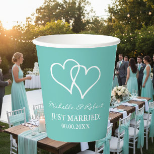 Custom wedding party cups with interlocking hearts