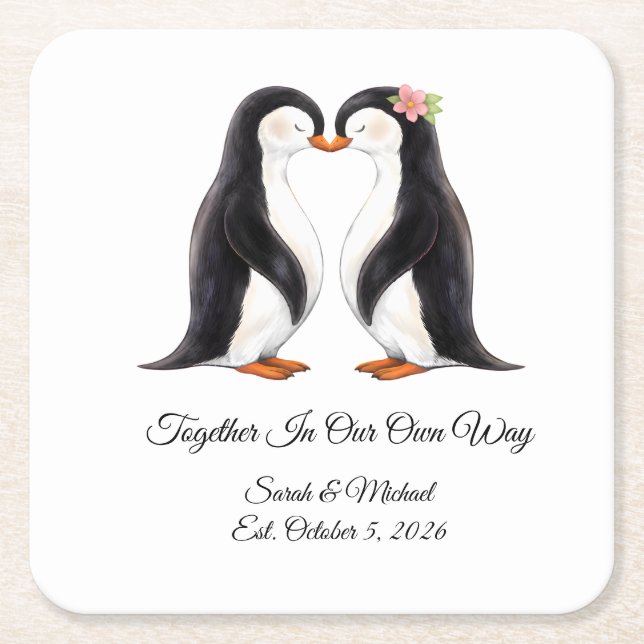 Custom Wedding Penguin Couple  Square Paper Coaster (Front)