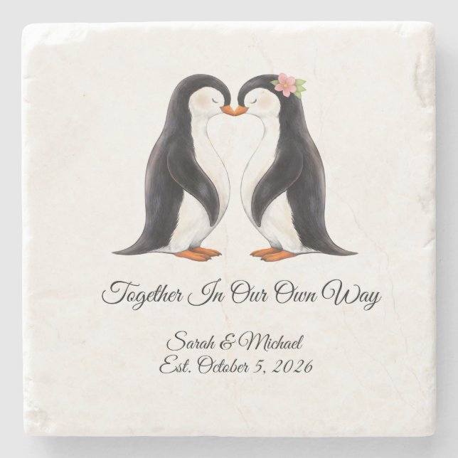 Custom Wedding Penguin Couple  Stone Coaster (Front)