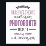 Custom Wedding Photo Booth Sign | Purple Grey<br><div class="desc">8 x 10" size custom wedding photo booth sign poster print can be personalised with bride and groom names and wedding date text.  Sign reads "Welcome to Bride and Groom's wedding day photobooth,  wedding date (xx.xx.xx),  Grab a prop and strike a pose!".  Violet purple,  charcoal grey and white colours.</div>