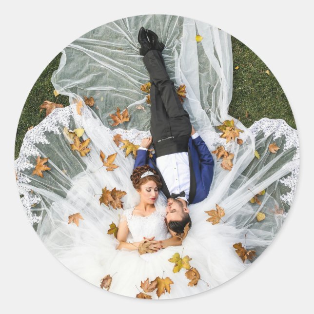 Custom Wedding Photo Classic Round Sticker (Front)