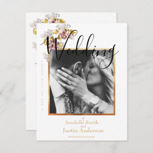 Custom Wedding Photo Floral Gold Script White Invitation