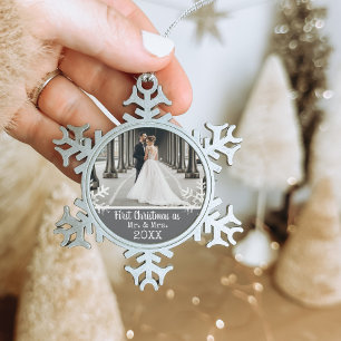 Custom Wedding Photo Grey First Christmas Mr & Mrs Snowflake Pewter Christmas Ornament