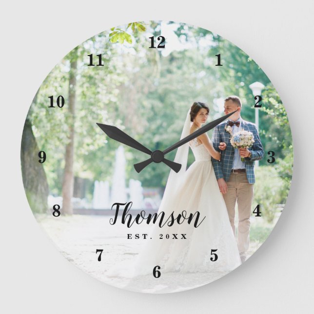 Custom Wedding Photo Monogrammed Large Clock (Front)