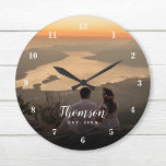 Custom Wedding Photo Monogrammed Large Clock<br><div class="desc">Create a special one of a kind round or square wall clock personalised with your wedding photo, name monogram and established date. The design features simple modern fonts overlaid onto your full bleed photo. Use the design tools to choose any fonts and colours to match your own home decor style....</div>