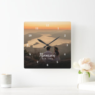 Custom Wedding Photo Monogrammed Square Wall Clock