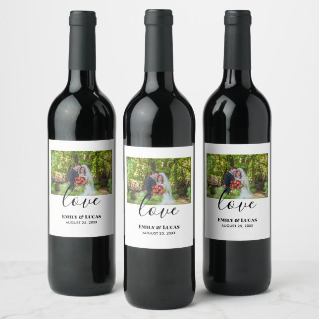 Custom Wedding Photo Simple Elegant Calligraphy Wine Label (Bottles)
