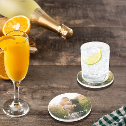 Custom wedding photo white letters coaster