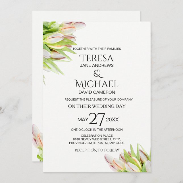 Custom Wedding, Pink and Green Tulip painting Invitation (Front/Back)