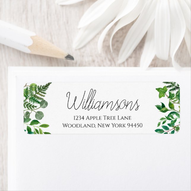 Custom Wedding Return Labels with ferns and leaves (Insitu)