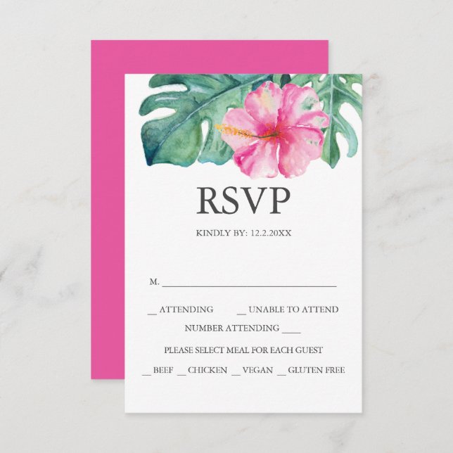 Custom Wedding RSVP Cards Pink Hibiscus (Front/Back)