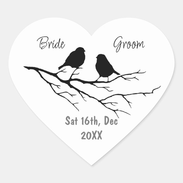 Custom Wedding Save Date Bird Silhouette Couple Heart Sticker (Front)
