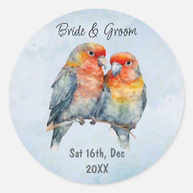 Custom Wedding Save Date Tropical Parrot  Couple Classic Round Sticker (Front)
