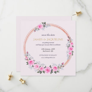 Custom Wedding Save the Date Pink Roses Wreath