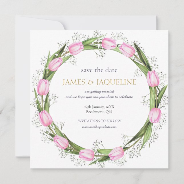 Custom Wedding Save the Date Pink Tulip Wreath (Front)