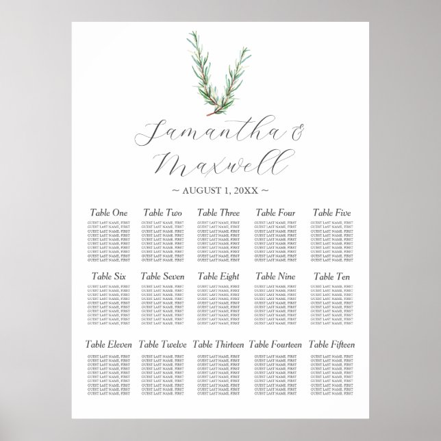 Custom Wedding Seating Chart Watercolor Rosemary (Front)