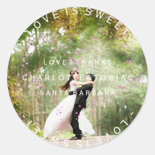 Custom Wedding Thanks Pink Heart Petals Photo Classic Round Sticker