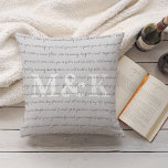 Custom Wedding Vow Keepsake Cushion<br><div class="desc">Creative wedding vow keepsake throw pillow in pale gray features your initials in white, with your wedding vows overlaid in handwritten script lettering. Paste your wedding vows into the template field, then click to "customize further" where you can adjust fonts and sizes. Pillow reverses to wide gray and white stripes....</div>