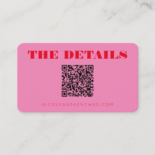 Custom Wedding Website Red Pink QR Code Details Enclosure Card (Front)