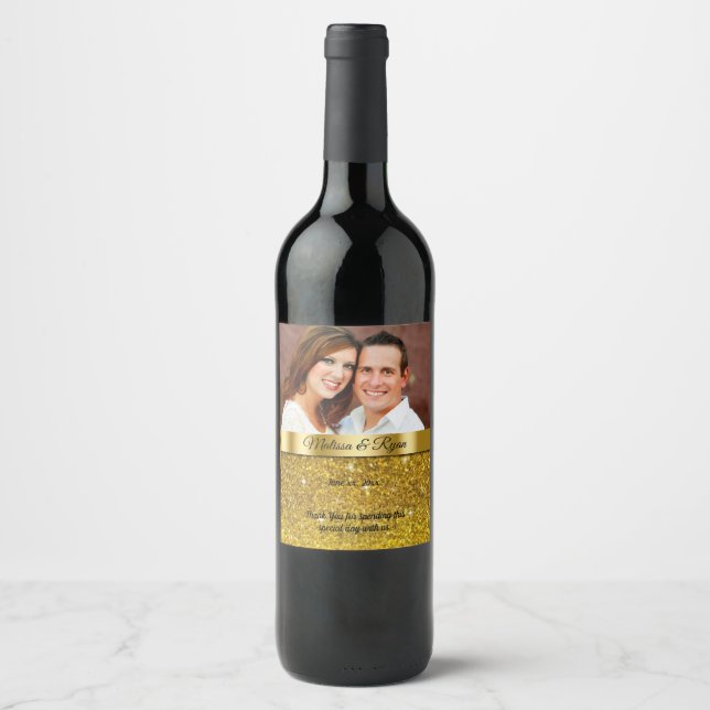 Custom Wedding Wine Label, Gold Glitter, Sparkle Wine Label (Front)