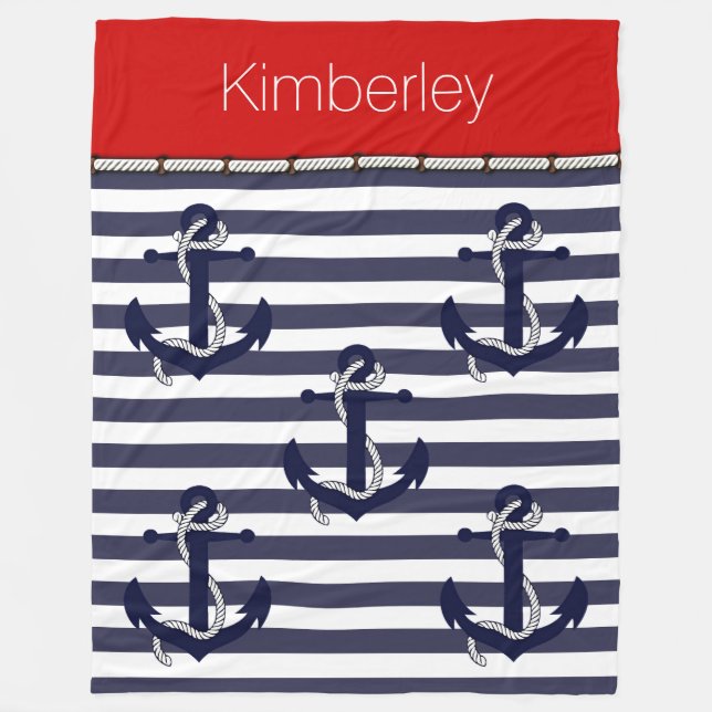 Custom Welcome Aboard Anchors Stripes Pattern Fleece Blanket (Front)