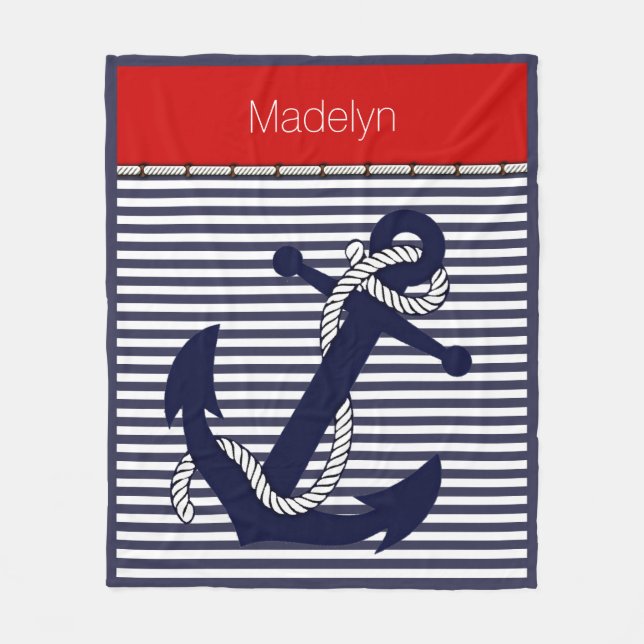 Custom Welcome Aboard Anchors Stripes Pattern Fleece Blanket (Front)