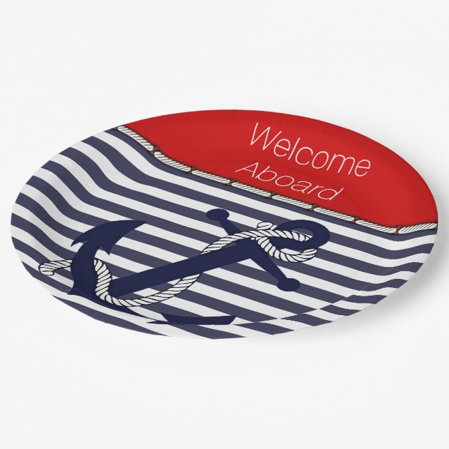 Custom Welcome Aboard Anchors Stripes Pattern Paper Plate (Angled)
