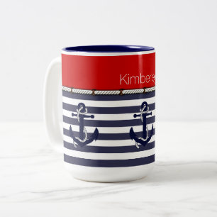 Custom Welcome Aboard Anchors Stripes Pattern Two-Tone Coffee Mug