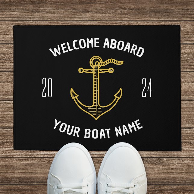 Custom Welcome Aboard Boat Name Black & Gold Doormat (Creator Uploaded)