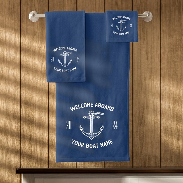 Custom Welcome Aboard Boat Name Navy Blue Bath Towel Set (Creator Uploaded)