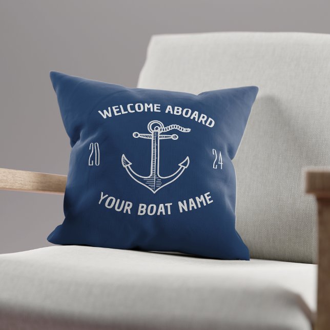 Custom Welcome Aboard Boat Name Navy Blue Cushion (Creator Uploaded)