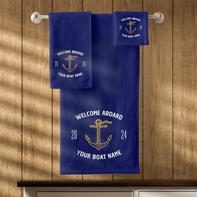 Custom Welcome Aboard Boat Name Navy Blue & Gold Bath Towel Set (Creator Uploaded)