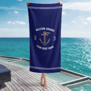 Custom Welcome Aboard Boat Name Navy Blue & Gold Beach Towel