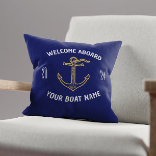 Custom Welcome Aboard Boat Name Navy Blue & Gold Cushion