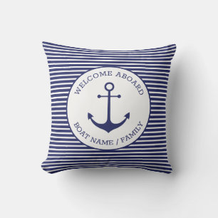 Custom Welcome Aboard nautical anchor blue stripes Cushion