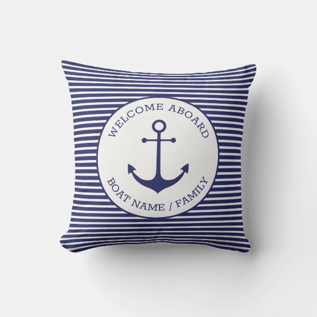 Custom Welcome Aboard nautical anchor blue stripes Cushion (Front)