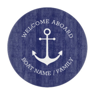 Custom Welcome Aboard nautical anchor blue & white Cutting Board