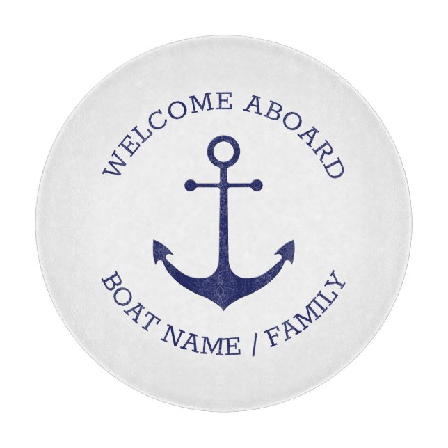 Custom Welcome Aboard nautical anchor blue white Cutting Board (Front)