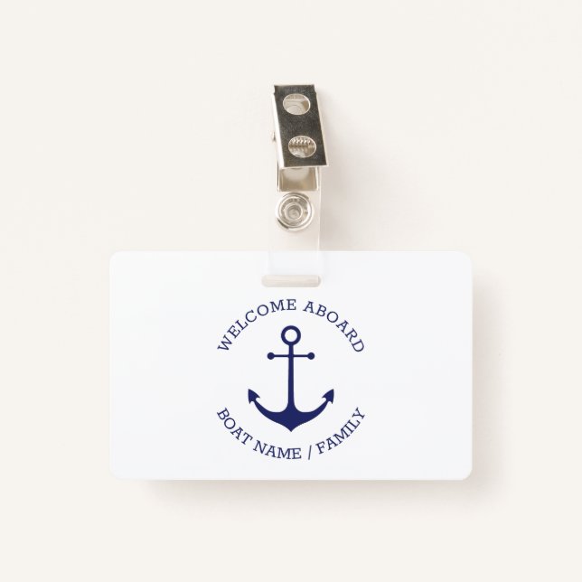 Custom Welcome Aboard nautical anchor blue white ID Badge (Front with Clip)
