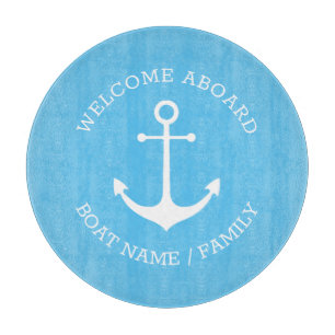 Custom Welcome Aboard nautical anchor light blue Cutting Board