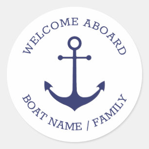 Custom Welcome Aboard nautical anchor navy white Classic Round Sticker