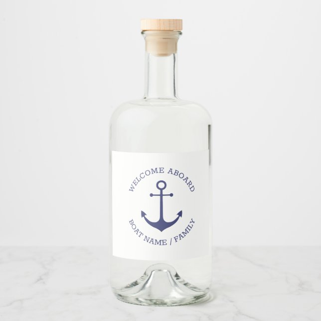 Custom Welcome Aboard nautical anchor navy white Liquor Bottle Label (Front)